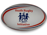 Ruggers Rugby Supply YRI youth rugby ball in white with red and blue stripes and Youth Rugby Initiative logo