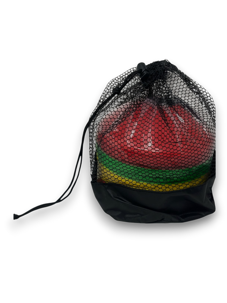 Ruggers Rugby Supply training cone kit with 50 multi-colored cones in a black mesh drawstring storage bag