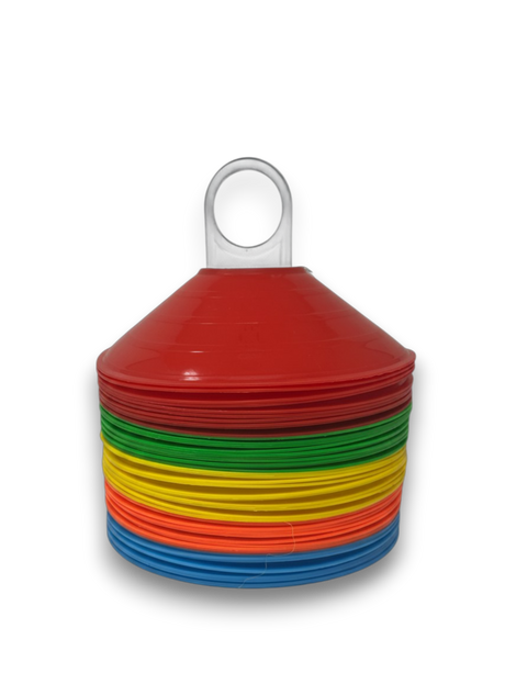 Ruggers Rugby Supply training cone kit with 50 stackable red, white, blue, and yellow plastic sports markers