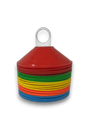 Ruggers Rugby Supply training cone kit with 50 stackable red, white, blue, and yellow plastic sports markers