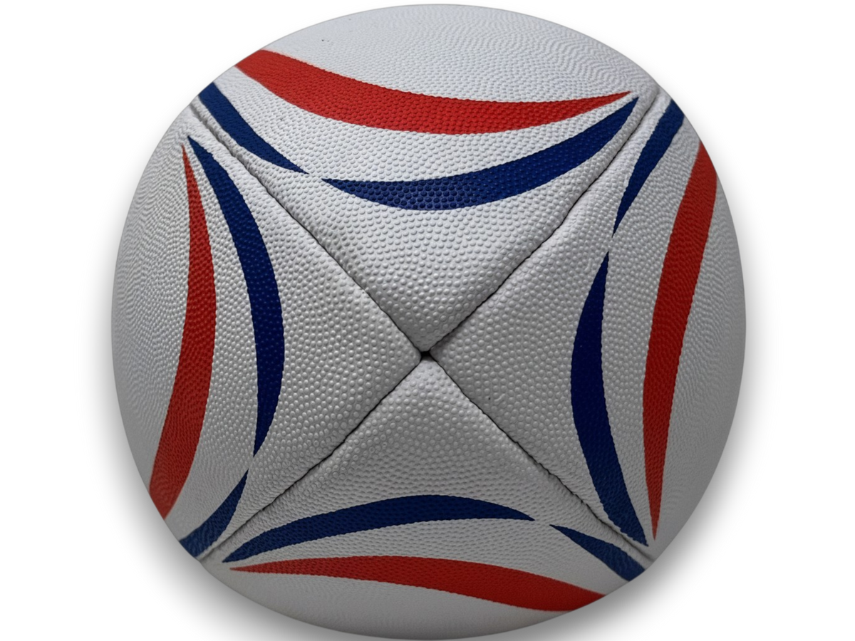 Ruggers Rugby Supply YRI ball featuring a white textured surface with red and blue curved graphic accents