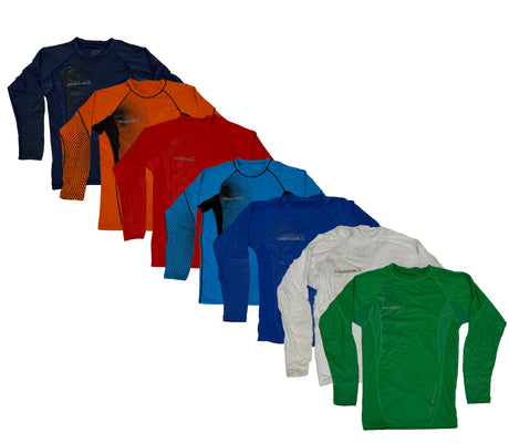 KooGa Pro Bionics long sleeve compression shirts fanned out in navy, orange, red, royal blue, white, and green