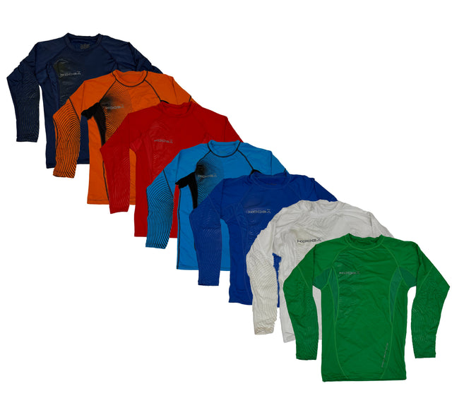 KooGa Pro Bionics long sleeve compression shirts fanned out in navy, orange, red, royal blue, white, and green