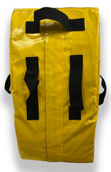 Yellow Varsity rugby ruck shield, back view showing black webbing handles and straps