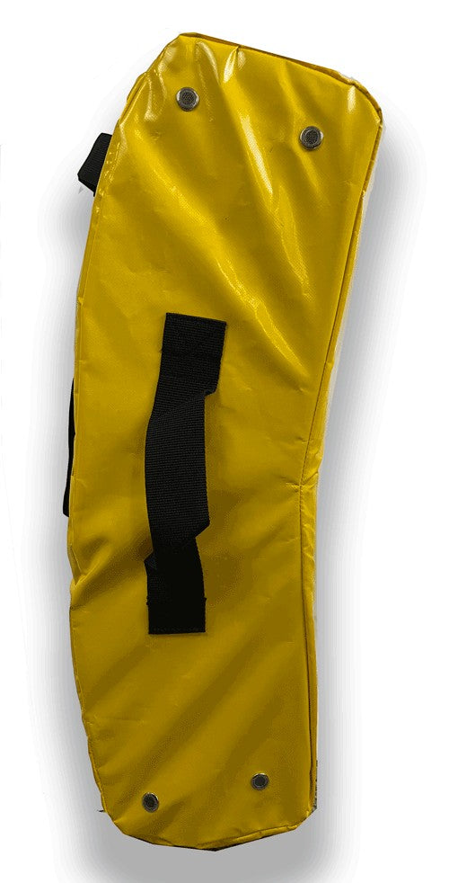 Yellow Varsity rugby ruck shield, side view showing black straps and grommet vents