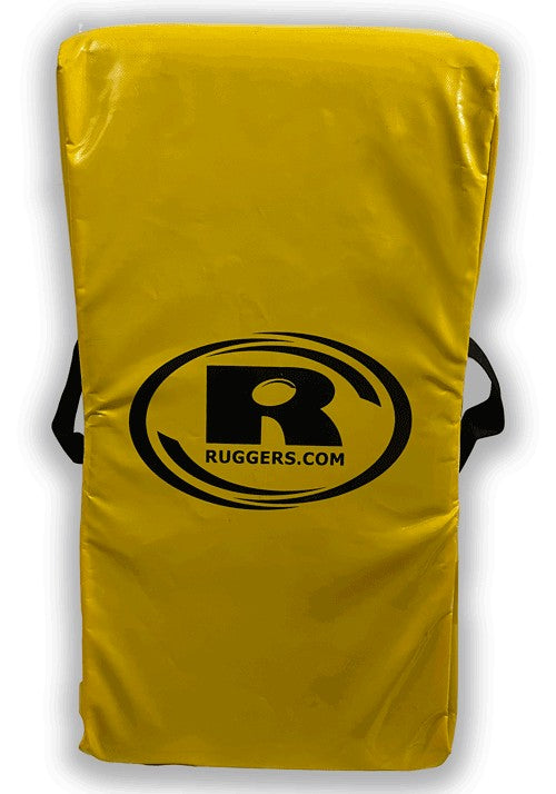 Yellow Varsity rugby ruck shield with Ruggers logo, front view