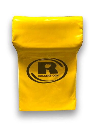 Yellow wedge rugby rucking shield with Ruggers.com logo, front view