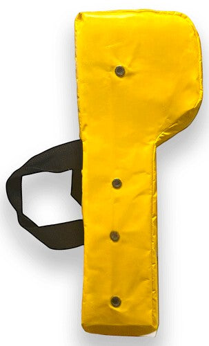 Yellow wedge rugby rucking shield with arm straps, side view