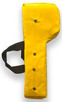 Yellow wedge rugby rucking shield with arm straps, side view