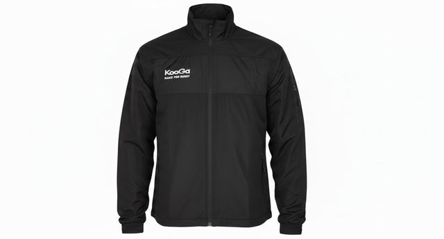 KooGa Cyclone waterproof tracksuit jacket in black with zip-up storm collar