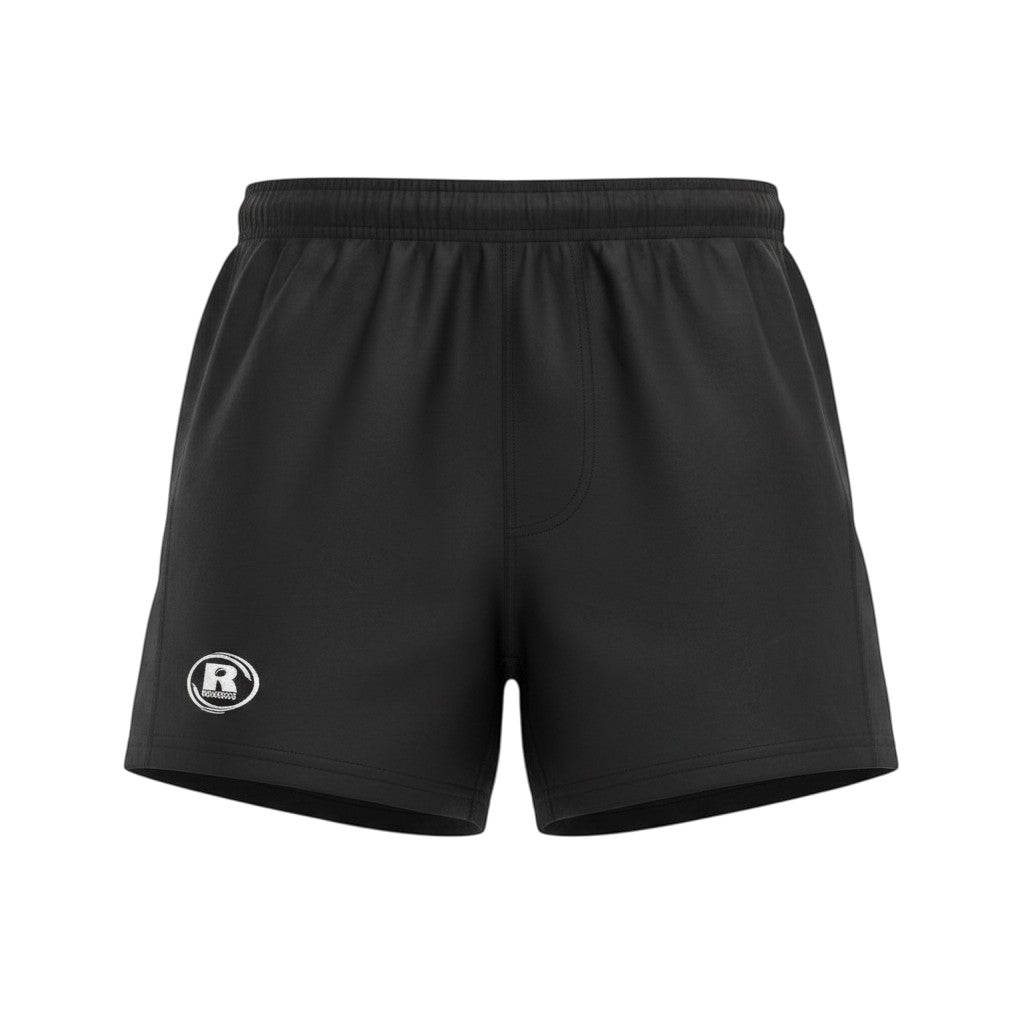 Ruggers Rugby Supply Auckland black rugby shorts with a rubberized waistband and side stretch panels.