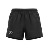 Ruggers Rugby Supply Auckland black rugby shorts with a rubberized waistband and side stretch panels.