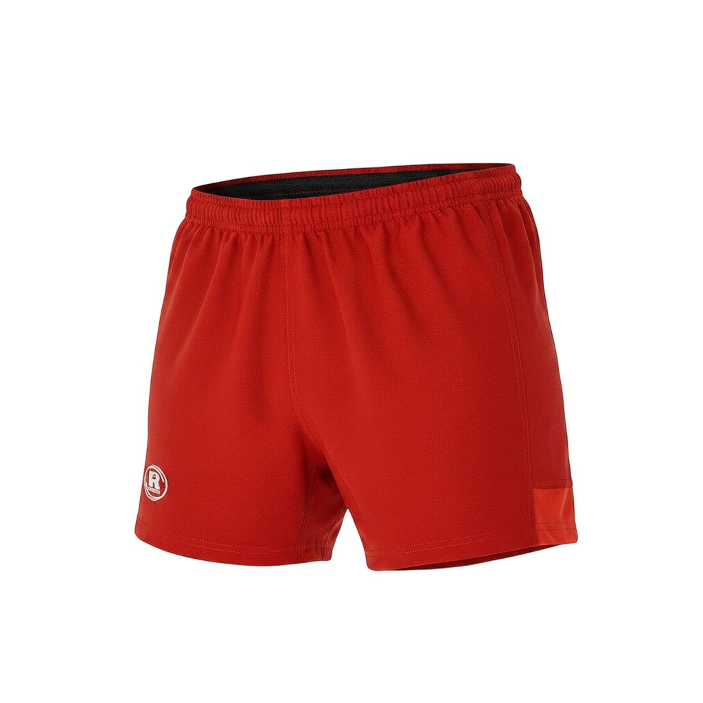 Ruggers Rugby Supply Auckland red rugby shorts with rubberized waistband, stretch side panels, and internal pocket.