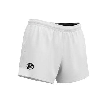 Ruggers Rugby Supply Auckland white rugby shorts with rubberized waistband and side stretch panels.