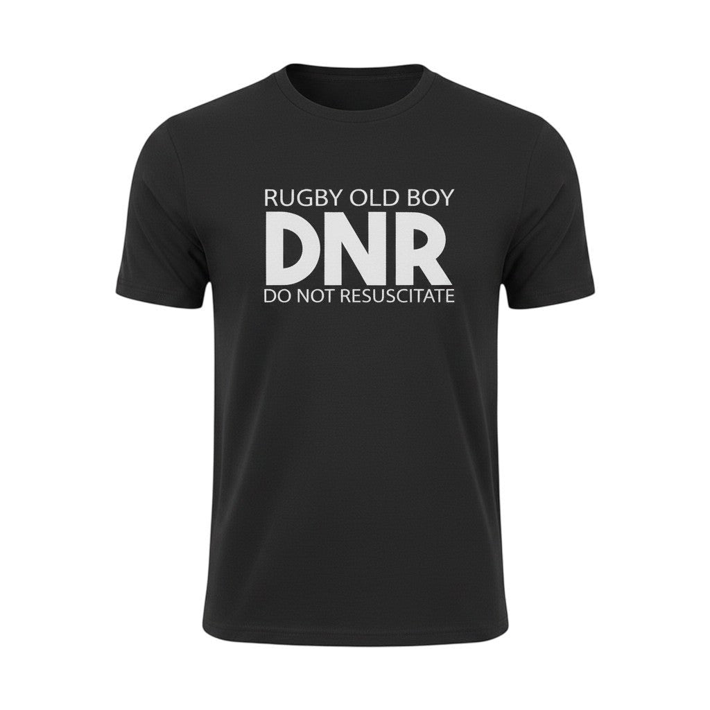 Ruggers Rugby Supply black tri-blend t-shirt featuring white Rugby Old Boy DNR Do Not Resuscitate graphic print.