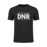 Ruggers Rugby Supply black tri-blend t-shirt featuring white Rugby Old Boy DNR Do Not Resuscitate graphic print.