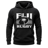 Ruggers Rugby Supply black unisex fleece hoody featuring a white Fiji Rugby logo and palm tree graphic