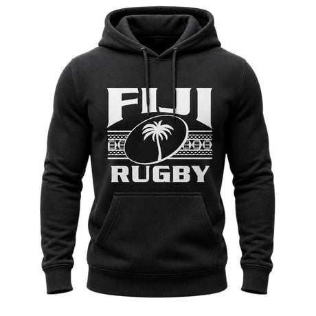 Ruggers Rugby Supply black unisex fleece hoody featuring a white Fiji Rugby logo and palm tree graphic
