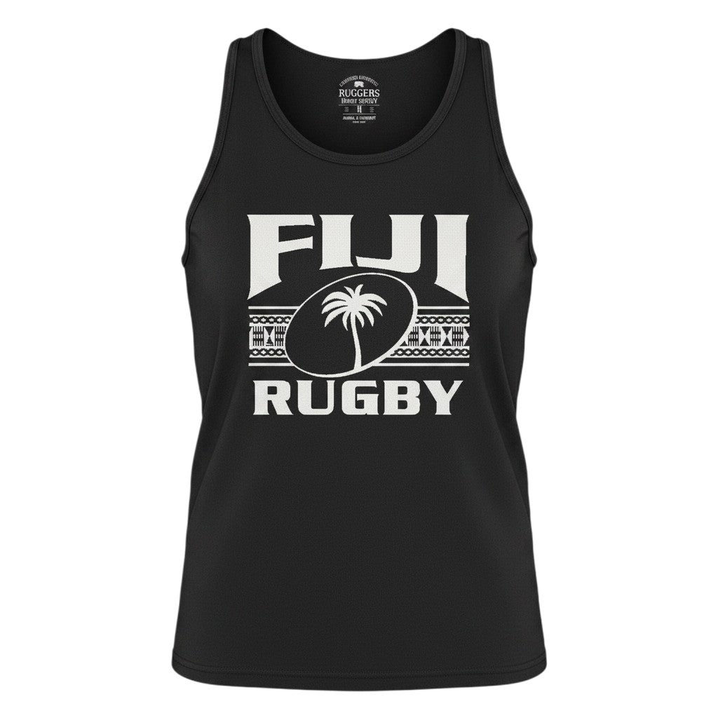 Ruggers Rugby Supply black unisex tank top featuring a white Fiji Rugby logo with a palm tree and tribal patterns.