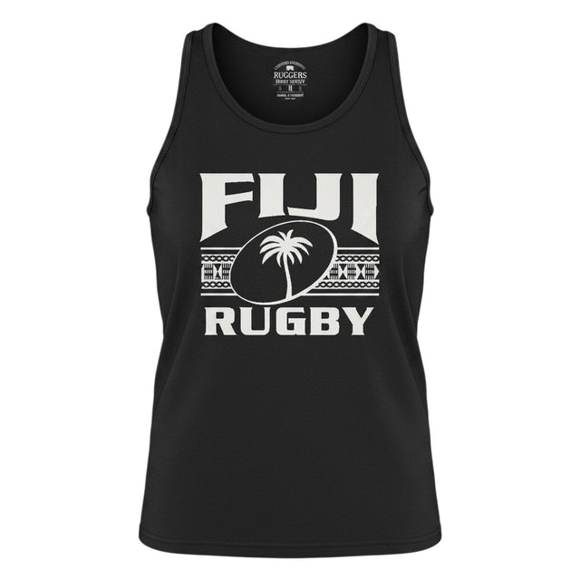 Ruggers Rugby Supply black unisex tank top featuring a white Fiji Rugby logo with a palm tree and tribal patterns.