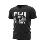 Ruggers Rugby Supply black short sleeve tri-blend t-shirt featuring a white Fiji Rugby logo with palm tree graphic