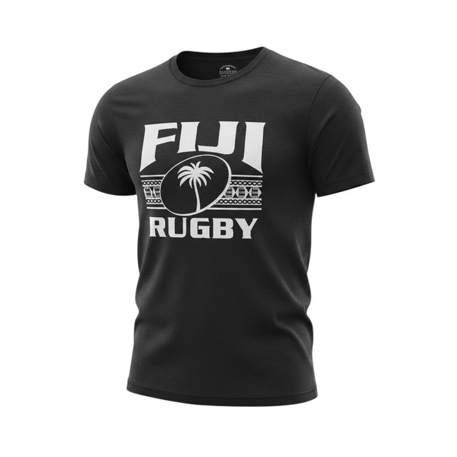 Ruggers Rugby Supply black short sleeve tri-blend t-shirt featuring a white Fiji Rugby logo with palm tree graphic