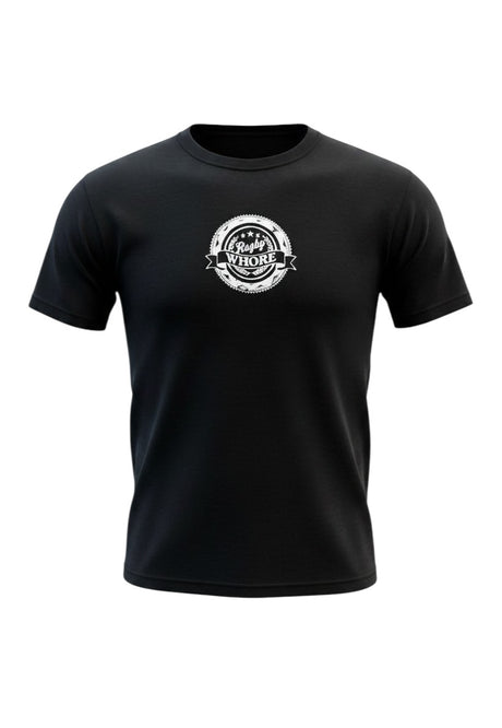 Ruggers Rugby Supply black short-sleeve t-shirt with a white Rugby Whore circular logo on the chest.