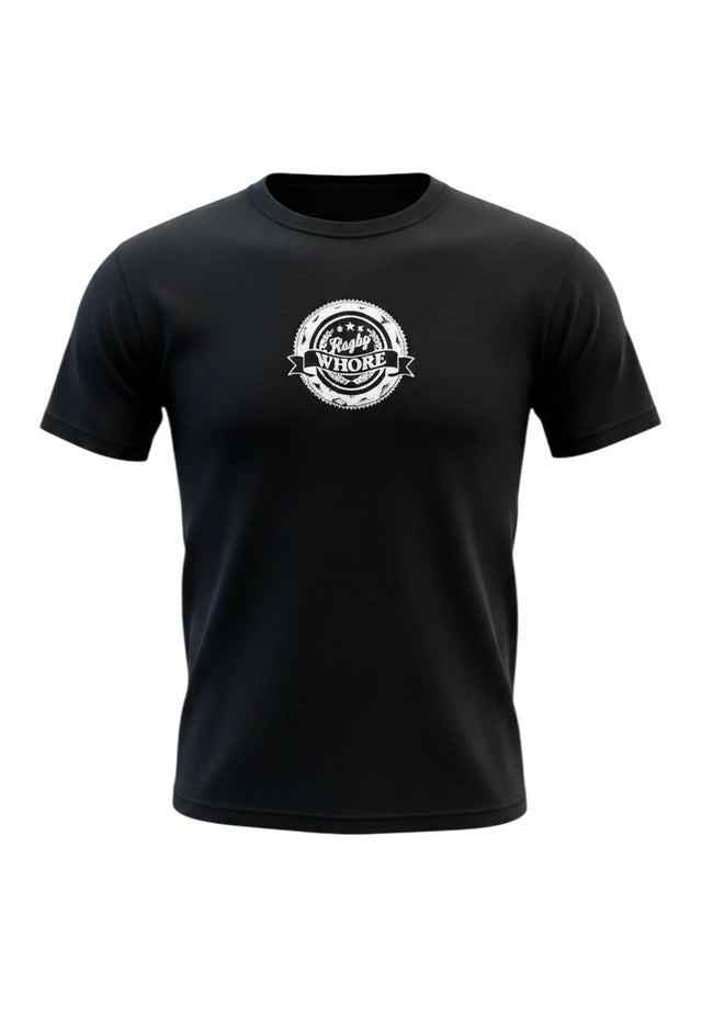Ruggers Rugby Supply black short-sleeve t-shirt with a white Rugby Whore circular logo on the chest.