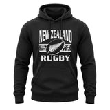Ruggers Rugby Supply black unisex fleece hoody with white New Zealand Rugby logo and drawstring hood