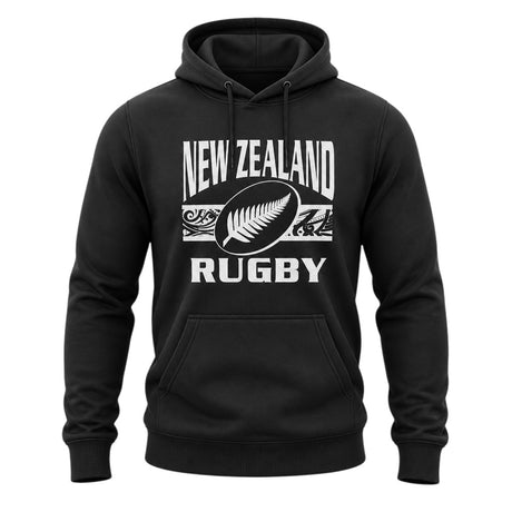 Ruggers Rugby Supply black unisex fleece hoody with white New Zealand Rugby logo and drawstring hood