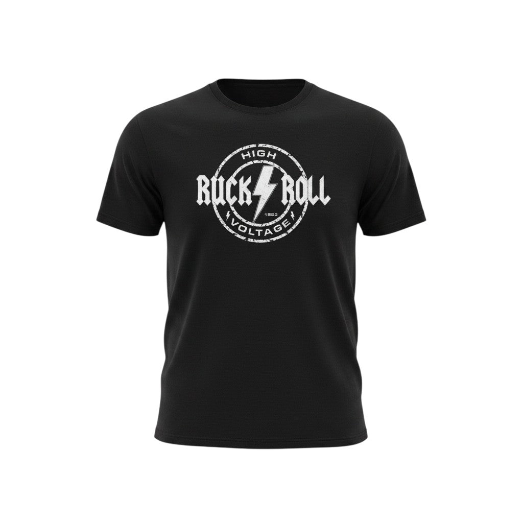 Ruggers Rugby Supply black tri-blend t-shirt featuring a white Ruck & Roll High Voltage graphic design.