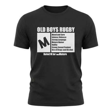 Ruggers Rugby Supply black tri-blend t-shirt featuring an Old Boys Rugby Rated M for Mature graphic print.