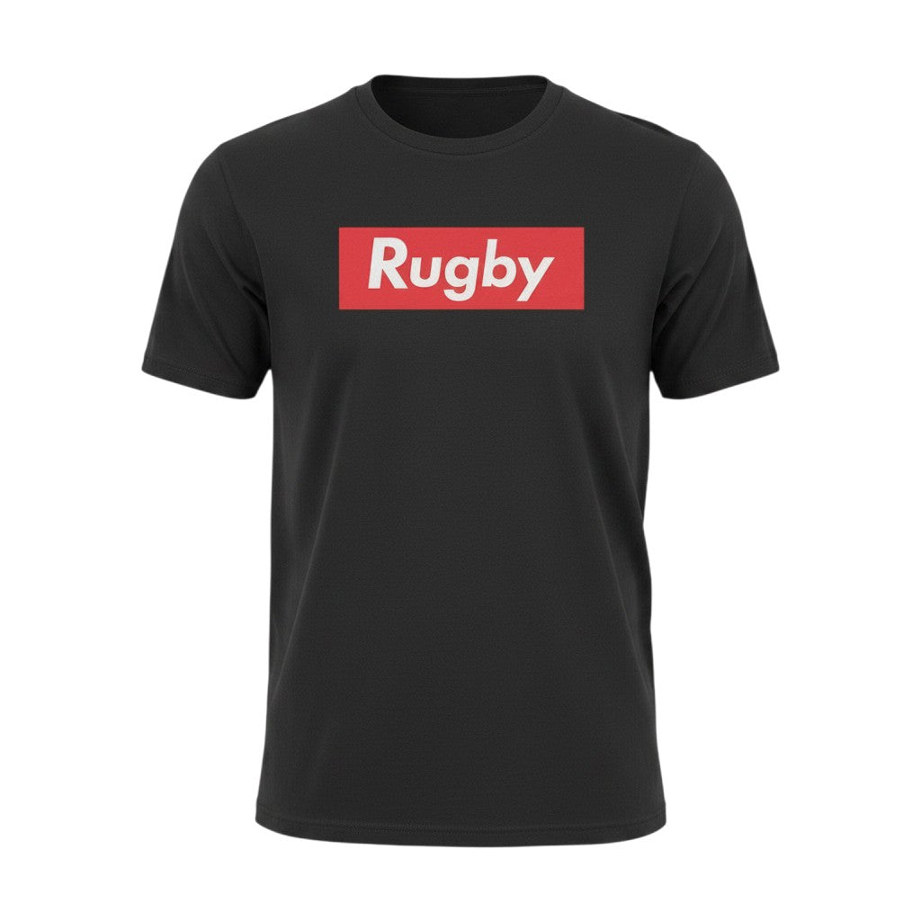 Ruggers Rugby Supply black unisex tri-blend t-shirt with a red and white Rugby Supreme logo graphic on the chest.