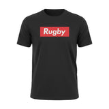 Ruggers Rugby Supply black unisex tri-blend t-shirt with a red and white Rugby Supreme logo graphic on the chest.