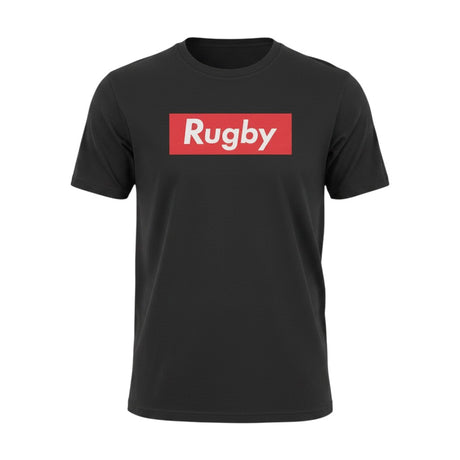 Ruggers Rugby Supply black unisex tri-blend t-shirt with a red and white Rugby Supreme logo graphic on the chest.