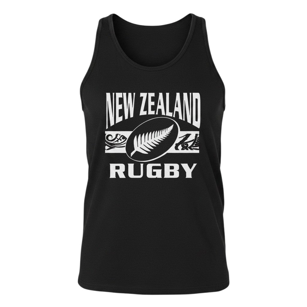 Ruggers Rugby Supply black unisex tank top featuring a white New Zealand Rugby fern logo on the chest
