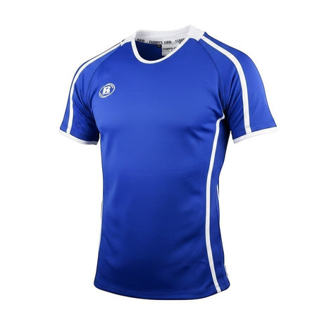 Ruggers Rugby Supply Warrior II blue performance rugby jersey with white trim and breathable mesh side panels.