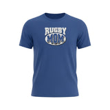 Ruggers Rugby Supply blue tri-blend t-shirt featuring a white and blue Rugby Mom logo on the chest.