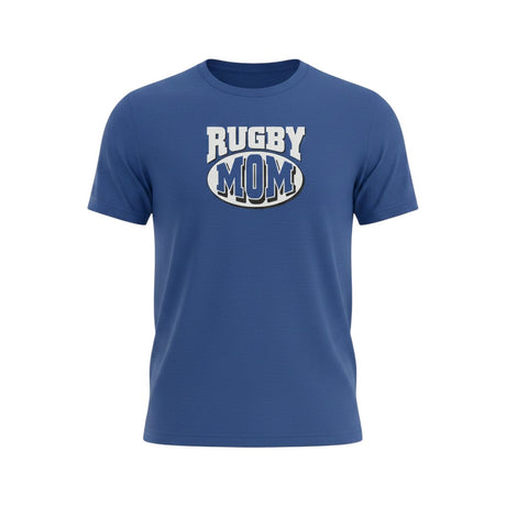 Ruggers Rugby Supply blue tri-blend t-shirt featuring a white and blue Rugby Mom logo on the chest.