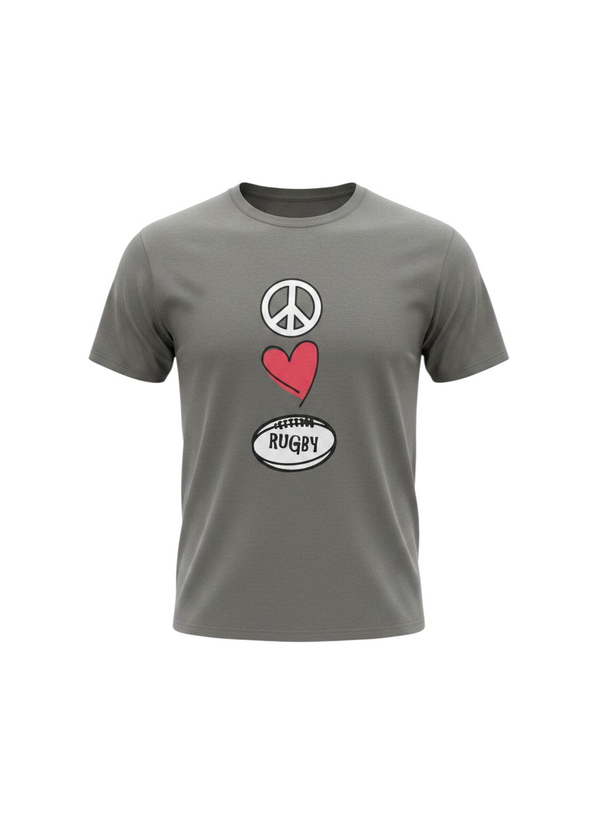 Ruggers Rugby Supply charcoal grey crew neck t-shirt with Peace Love Rugby graphic print on the front