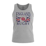 Ruggers Rugby Supply grey unisex tank top featuring England Rugby text, a rose emblem, and a Union Jack graphic.