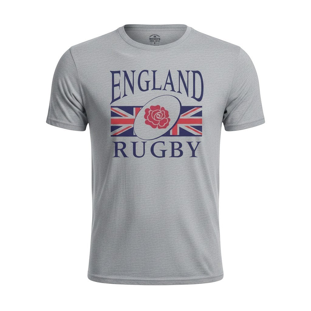 Ruggers Rugby Supply grey England Rugby short sleeve tee with a red rose and Union Jack graphic on the chest.