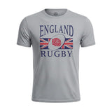 Ruggers Rugby Supply grey England Rugby short sleeve tee with a red rose and Union Jack graphic on the chest.