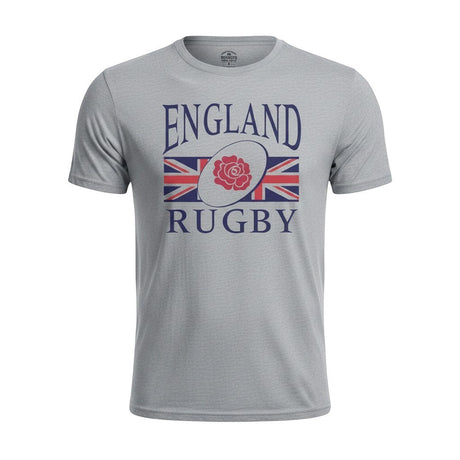 Ruggers Rugby Supply grey England Rugby short sleeve tee with a red rose and Union Jack graphic on the chest.