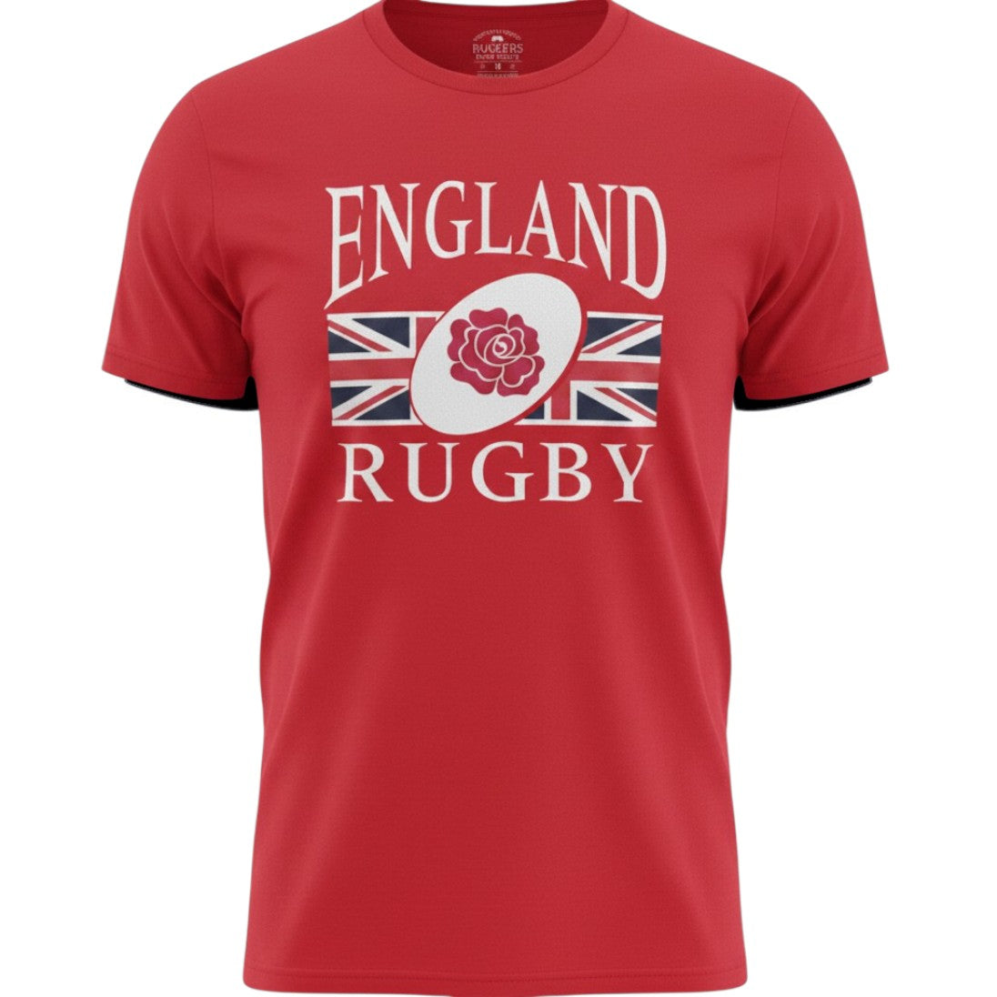Ruggers Rugby Supply navy blue England Rugby short sleeve tri-blend t-shirt with white logo and Union Jack graphic