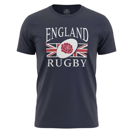 Ruggers Rugby Supply navy blue short sleeve England Rugby tri-blend t-shirt with white logo and Union Jack graphic