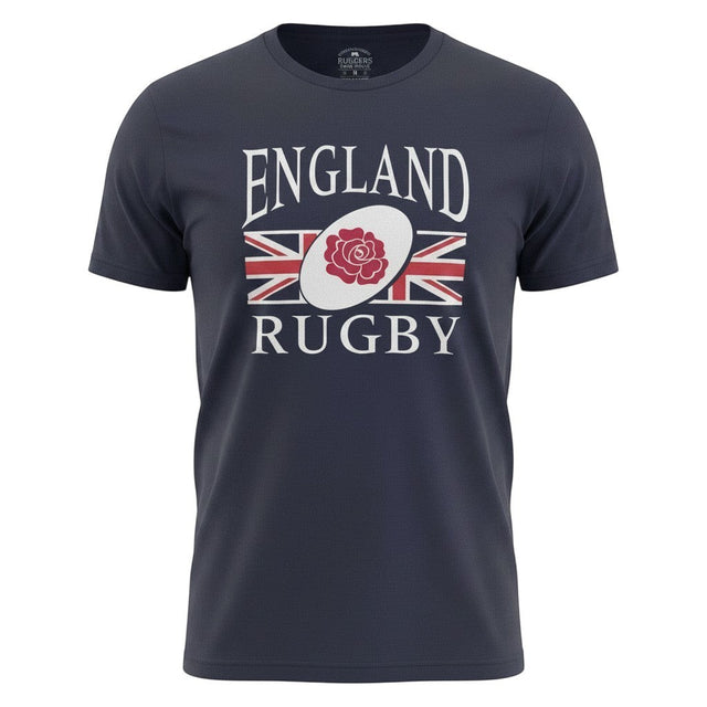 Ruggers Rugby Supply navy blue short sleeve England Rugby tri-blend t-shirt with white logo and Union Jack graphic