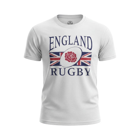 Ruggers Rugby Supply white short sleeve t-shirt featuring the England Rugby logo and Union Jack graphic