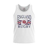 Ruggers Rugby Supply white unisex tank top featuring England Rugby text and a rose emblem over a Union Jack flag