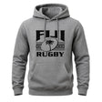 Ruggers Rugby Supply grey cotton-poly fleece unisex hoodie featuring a black Fiji Rugby logo and drawstring hood.